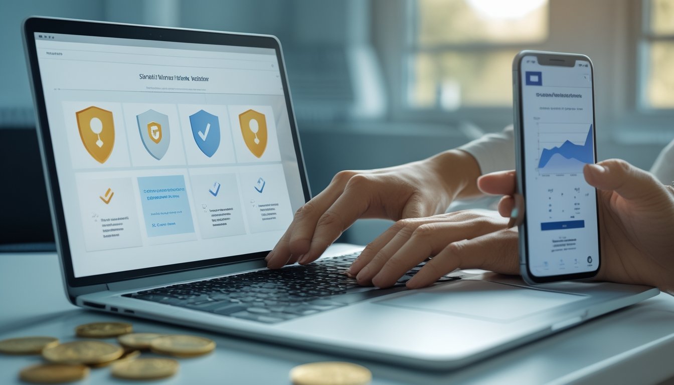 Seseorang menilai keamanan dan kredibilitas platform digital melalui laptop dan ponsel di ruang kerja.