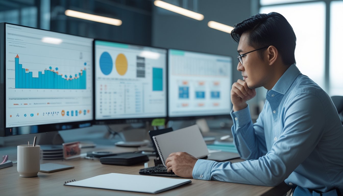 Analis dewasa mempelajari pola data abstrak di ruang kerja modern dengan beberapa layar dan perlengkapan analisis.