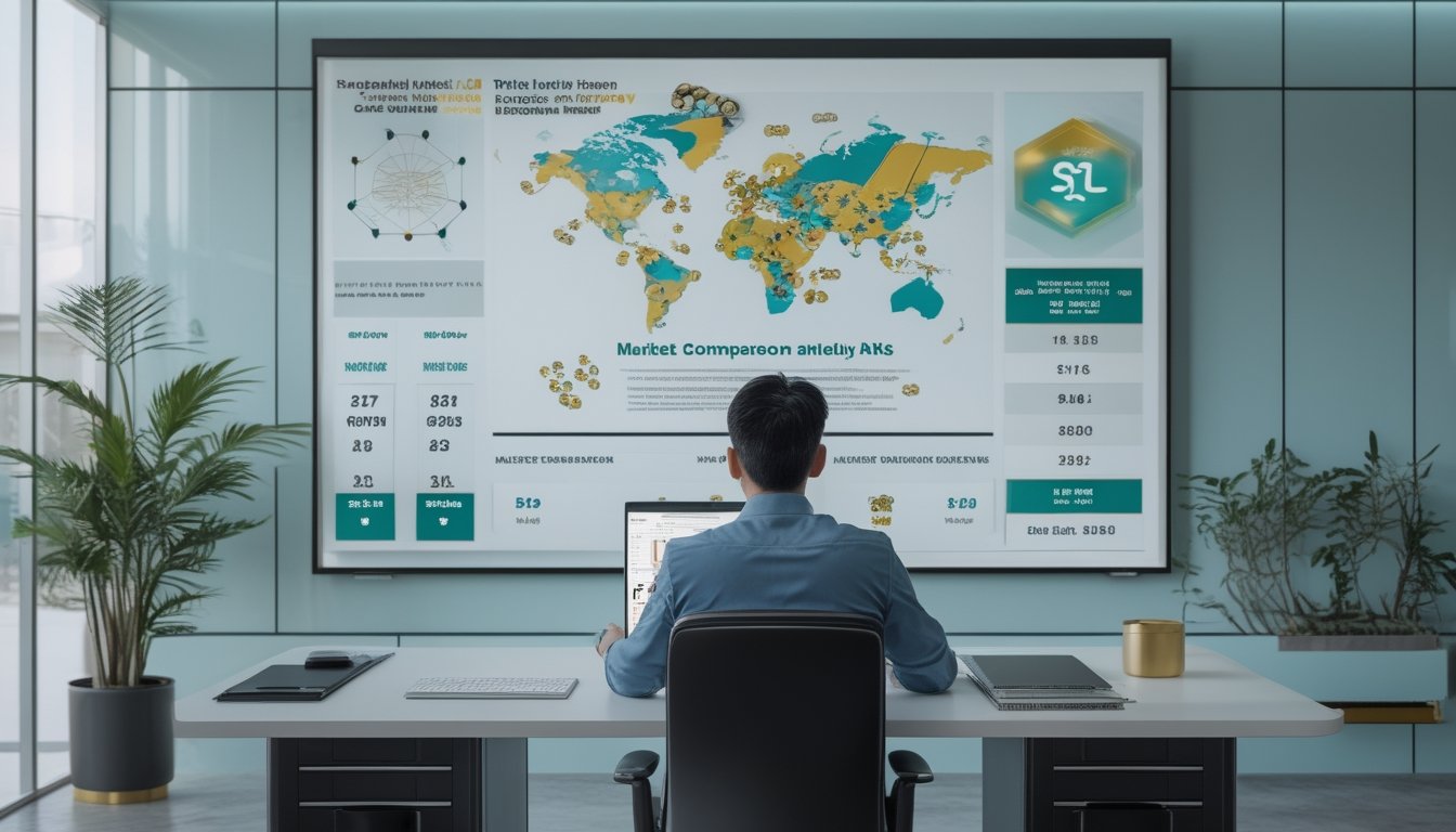Seorang analis memeriksa data pasar lotre pada laptop dan tablet di meja kerja modern.