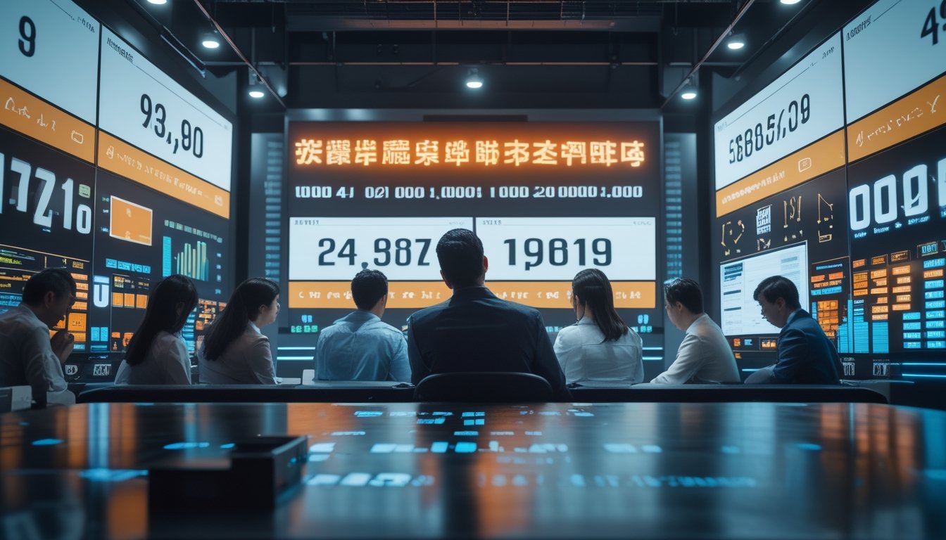 Tim analis memantau pola angka dan grafik data pada beberapa layar di ruang operasi digital modern.