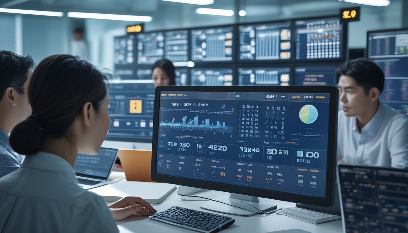 Tim analis dewasa meninjau pola angka dan grafik data di ruang kerja modern.
