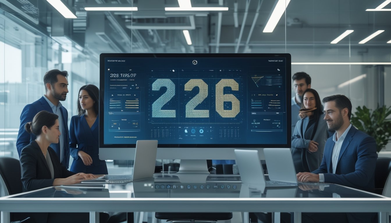 Sekelompok profesional bekerja bersama di ruang kantor modern dengan layar yang menampilkan visualisasi data abstrak.