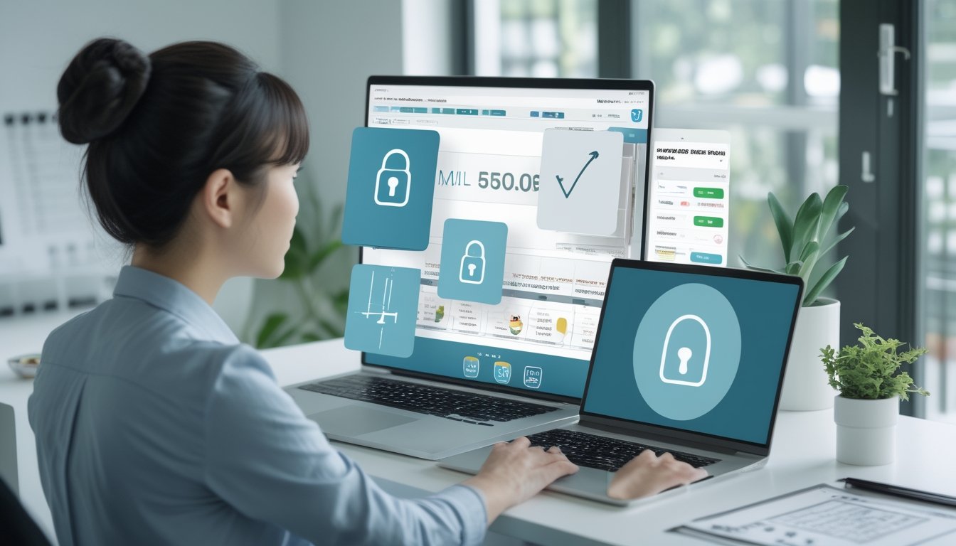 Seseorang membandingkan beberapa platform digital dengan tanda keamanan di ruang kerja modern.