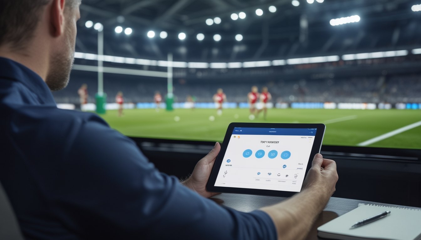 Seorang penggemar rugby mempelajari tablet sambil menyaksikan pertandingan rugby di layar besar.