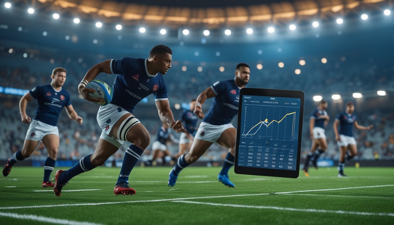 Pemain rugby berlari menuju garis try sambil membawa bola di stadion, sementara seorang analis mengamati pertandingan melalui tablet.