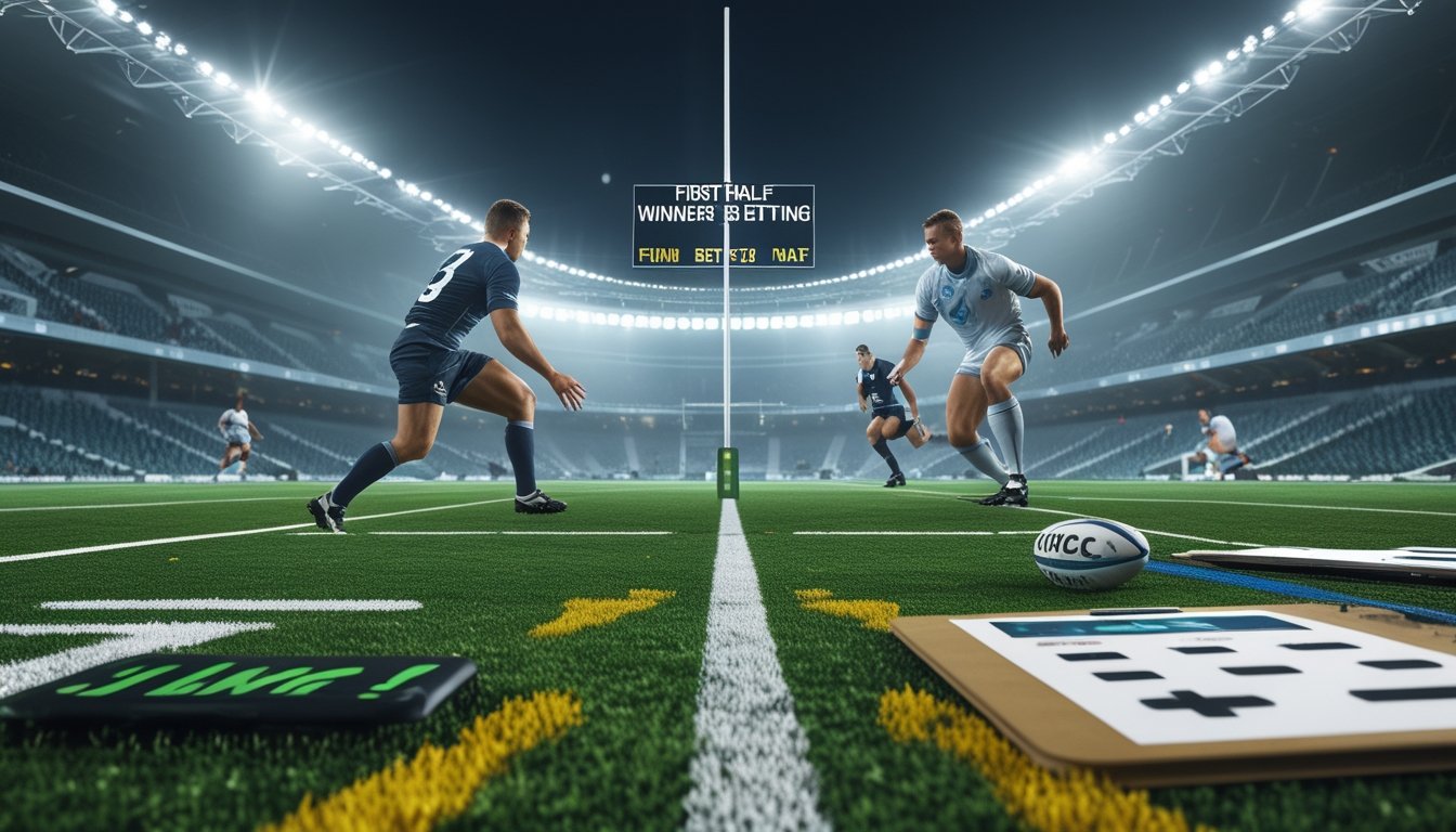 Pertandingan rugby sedang berlangsung di stadion dengan dua tim berebut bola di dekat garis tengah.