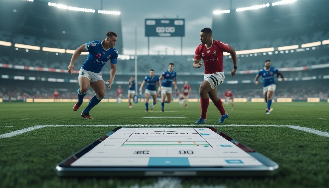 Pertandingan rugby berlangsung dekat garis tengah dengan papan skor yang menampilkan periode babak pertama.