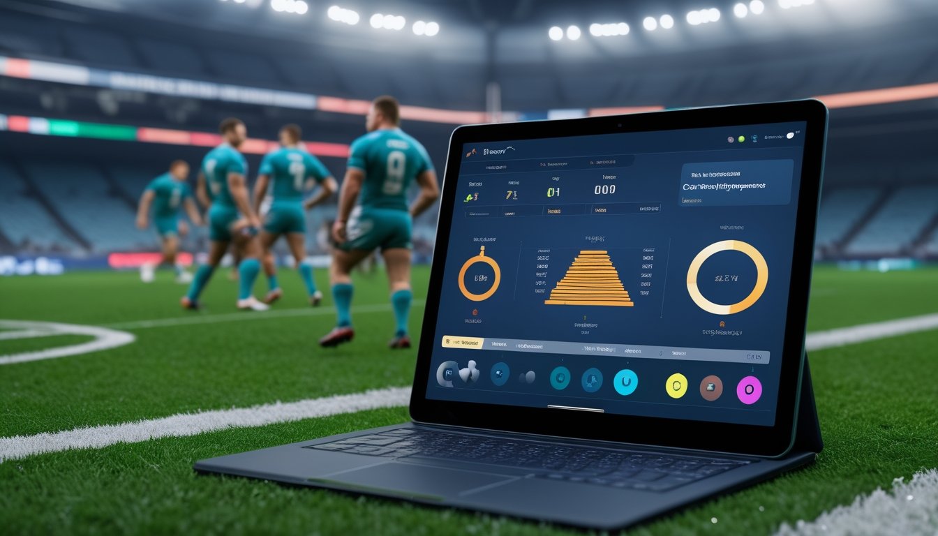 Pertandingan rugby dengan wasit memegang kartu kuning dan perangkat yang menampilkan analisis statistik olahraga.