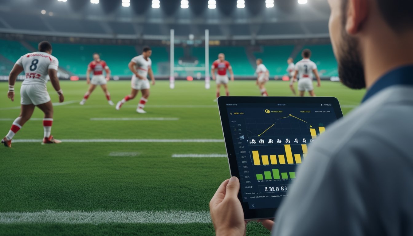 Pertandingan rugby dengan wasit memegang kartu kuning dan merah, sementara seorang analis melihat tablet berisi grafik statistik.