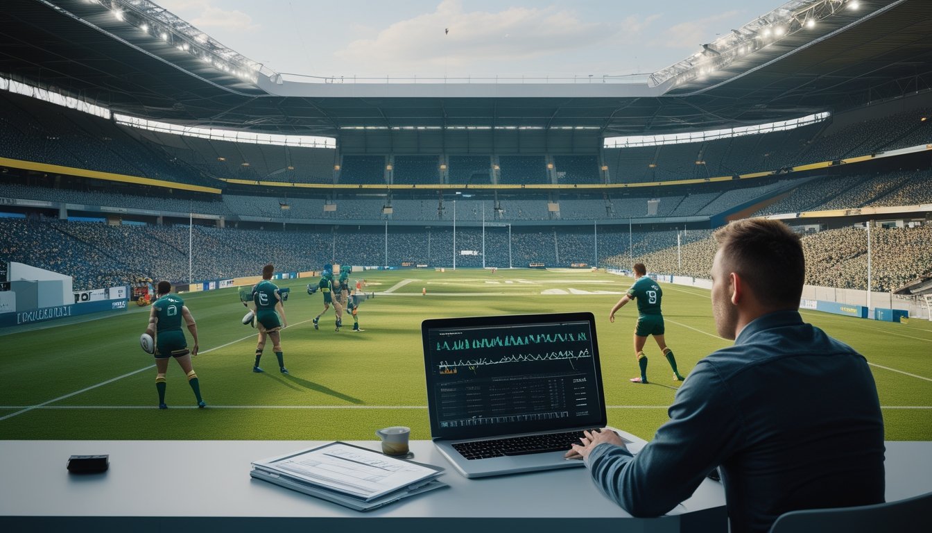 Analis olahraga mempelajari data pertandingan saat laga rugby berlangsung di stadion yang dipenuhi pendukung tim tuan rumah.