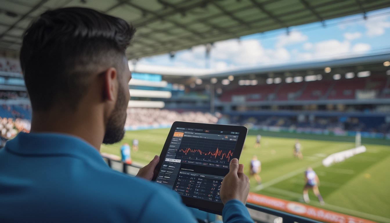 Pertandingan rugby berlangsung di stadion kandang dengan penonton pendukung dan seorang analis memeriksa data di tablet.