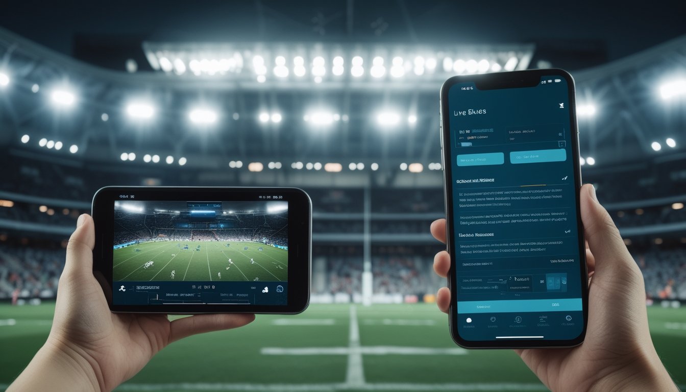 Ponsel dan tablet menampilkan siaran pertandingan rugby secara langsung di depan stadion yang ramai.