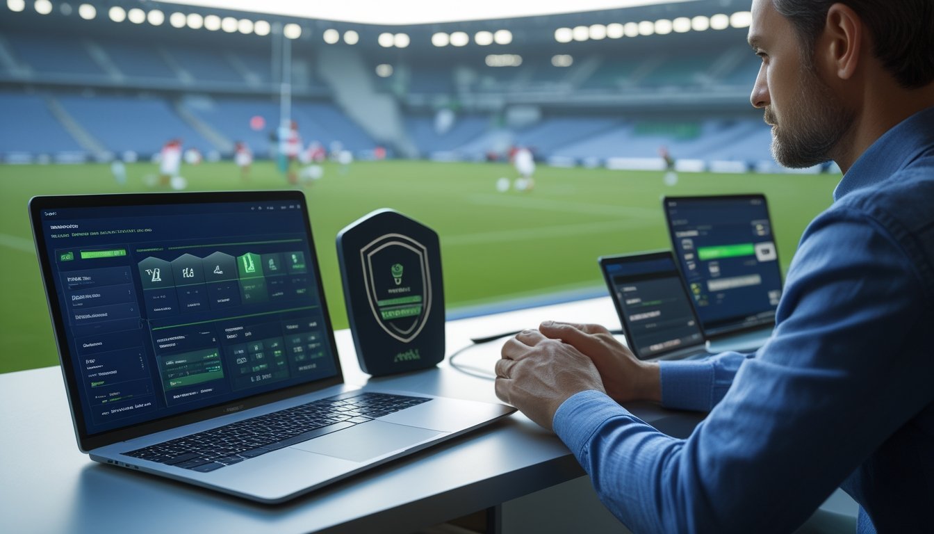 Seseorang meninjau aplikasi statistik pertandingan rugby di laptop dan ponsel dengan stadion rugby di latar belakang.