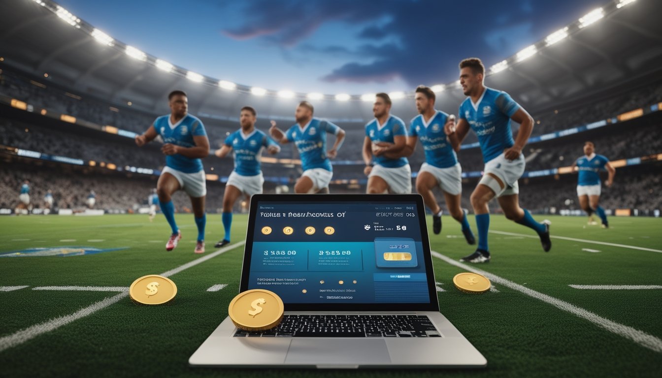 Pemain rugby bertanding di stadion dengan perangkat digital dan simbol hadiah cashback di latar depan.