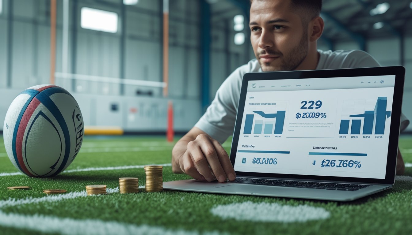 Seseorang mempelajari promosi cashback taruhan olahraga rugby di meja dengan bola rugby, laptop, kalkulator, dan koin.