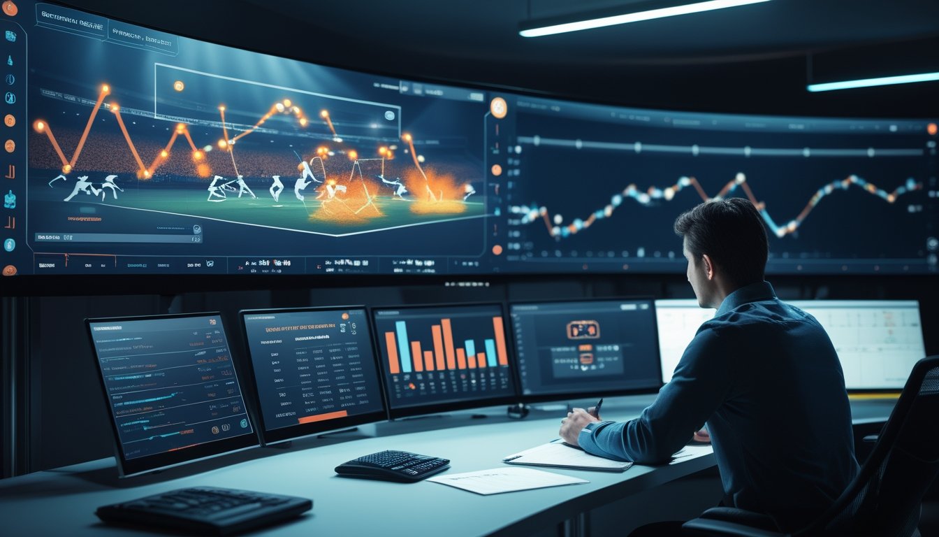 Analis memantau grafik tren dan pertandingan rugby virtual di ruang kerja esports modern.