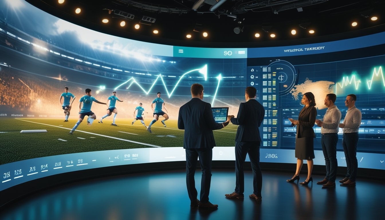Analis dan penonton esports mengamati pertandingan rugby virtual dengan visualisasi data di studio modern.