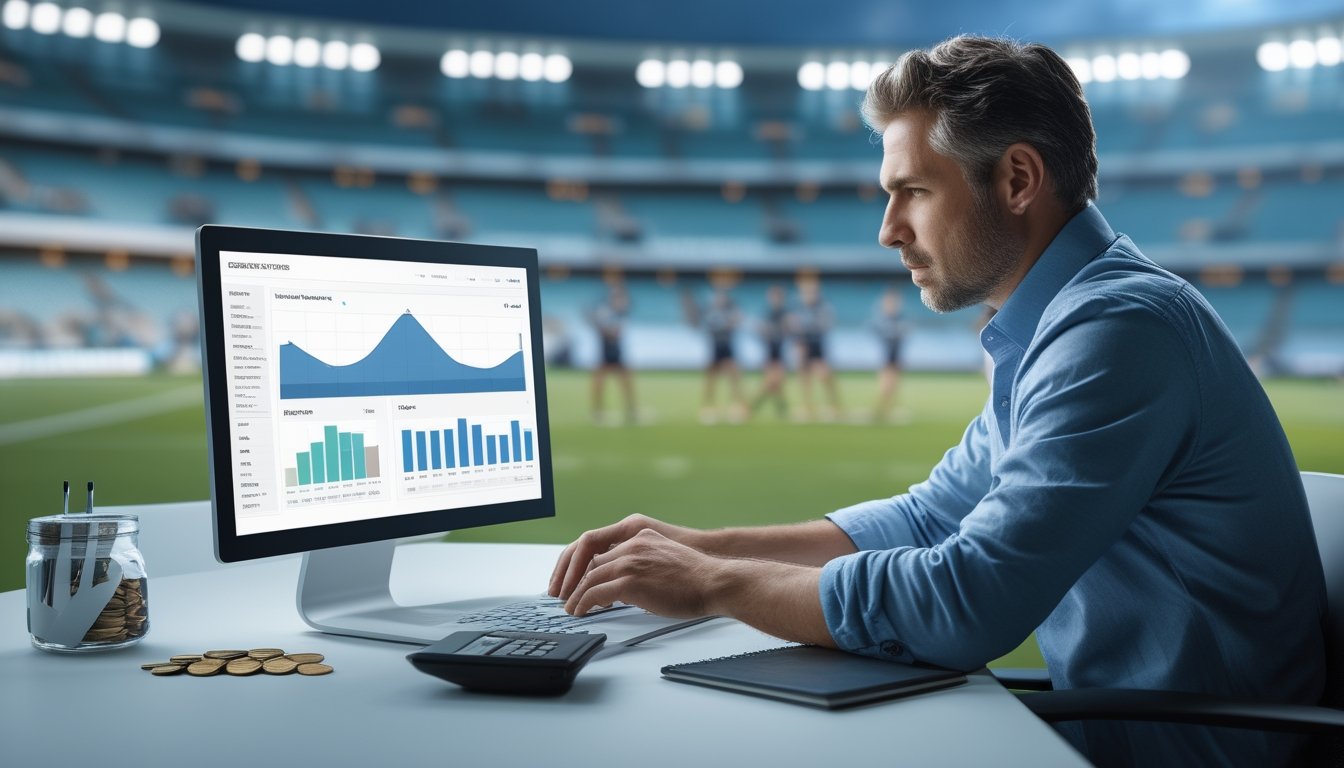 Seorang analis meninjau anggaran dan strategi pertandingan rugby di meja kerja dengan laptop, kalkulator, dan koin.