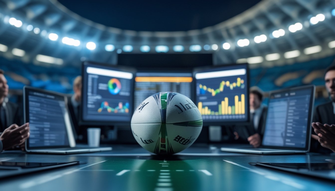 Analis sedang mengamati data pertandingan rugby dengan stadion yang tampak di latar belakang.