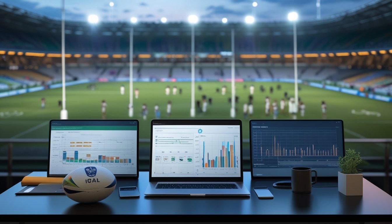 Analis rugby menganalisis grafik prediksi di ruang suite stadion dengan lapangan rugby terlihat di latar belakang.