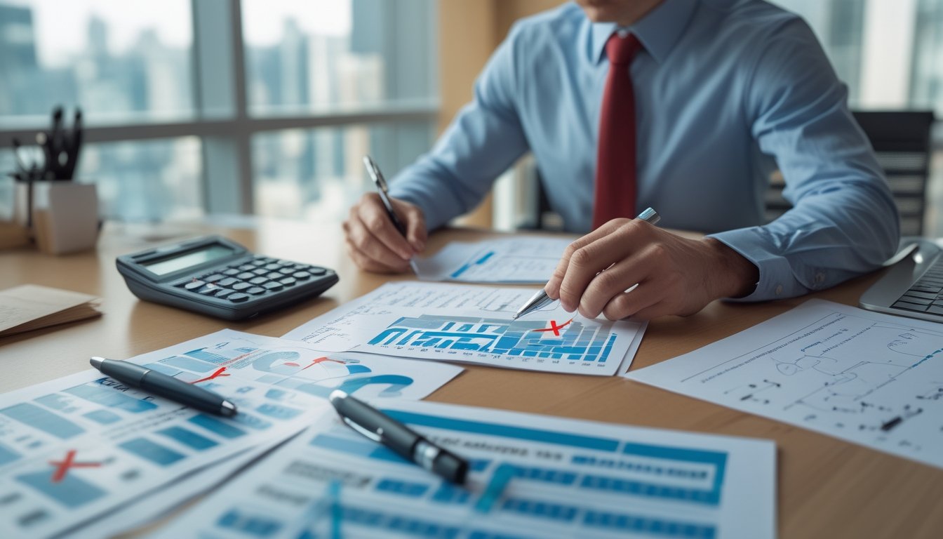 Seorang analis memeriksa grafik data dan catatan di meja kerja dengan tanda peringatan.