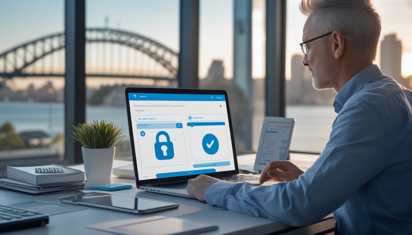 Seorang profesional memeriksa platform digital dengan simbol keamanan di ruang kerja modern berlatar pemandangan Sydney.