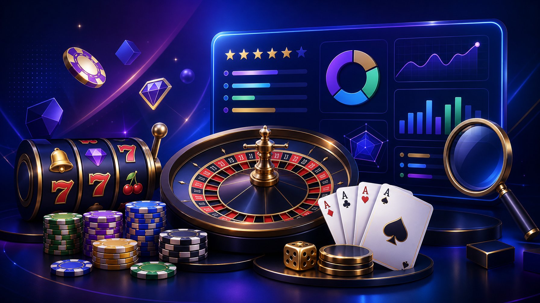 A Polished CasinoThemed Scene With Slot Reels, A Roulette Wheel, Playing Cards, Chips, And Abstract Performance Charts.