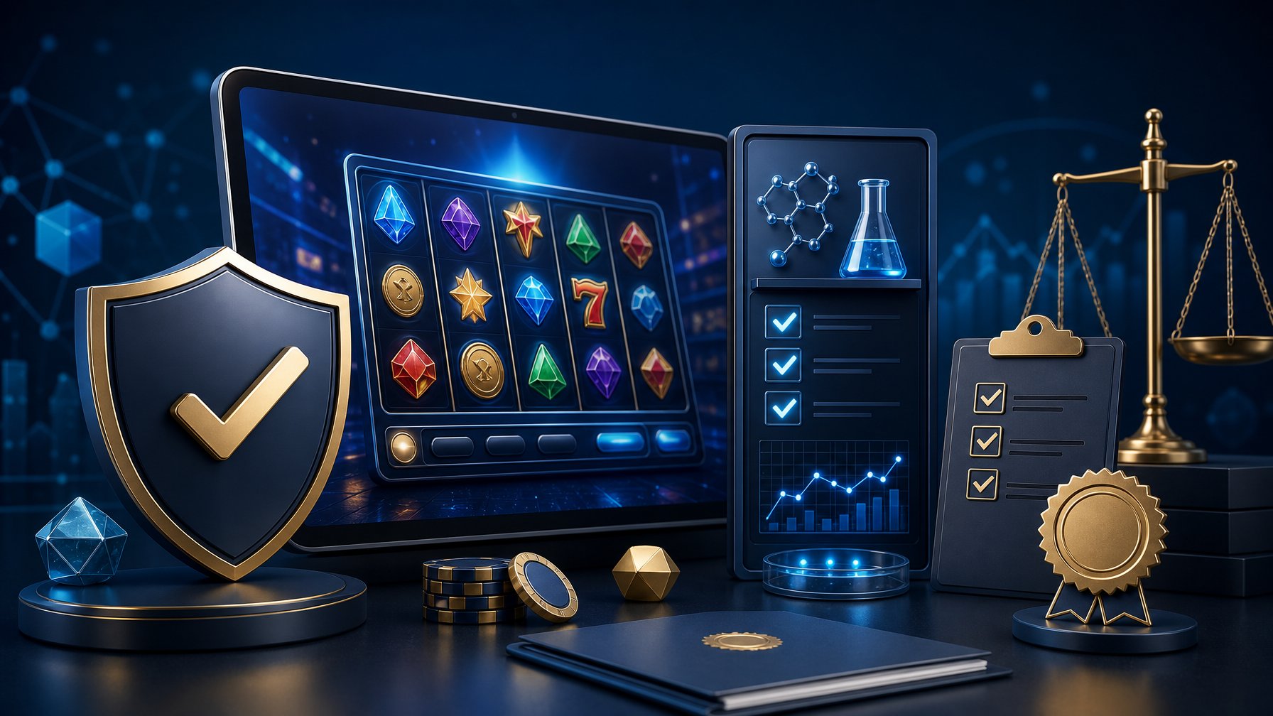 A Secure Digital Casino Testing Environment With A Verification Shield, Audit Checklist, Analytics Display, And Regulatory Symbols.