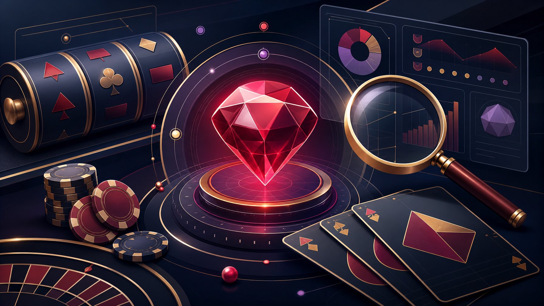 A Polished Digital Casino Scene With A Glowing Ruby, Abstract Game Elements, And Analytical Visual Details.