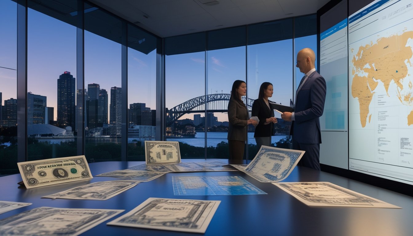 Analis pasar meninjau dokumen sejarah dan grafik abstrak dengan latar cakrawala Sydney.