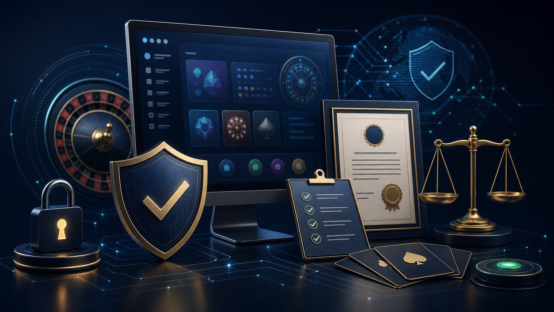 A Secure Digital Casino Environment Surrounded By Shields, Certificates, Audit Symbols, And Abstract Gaming Elements.