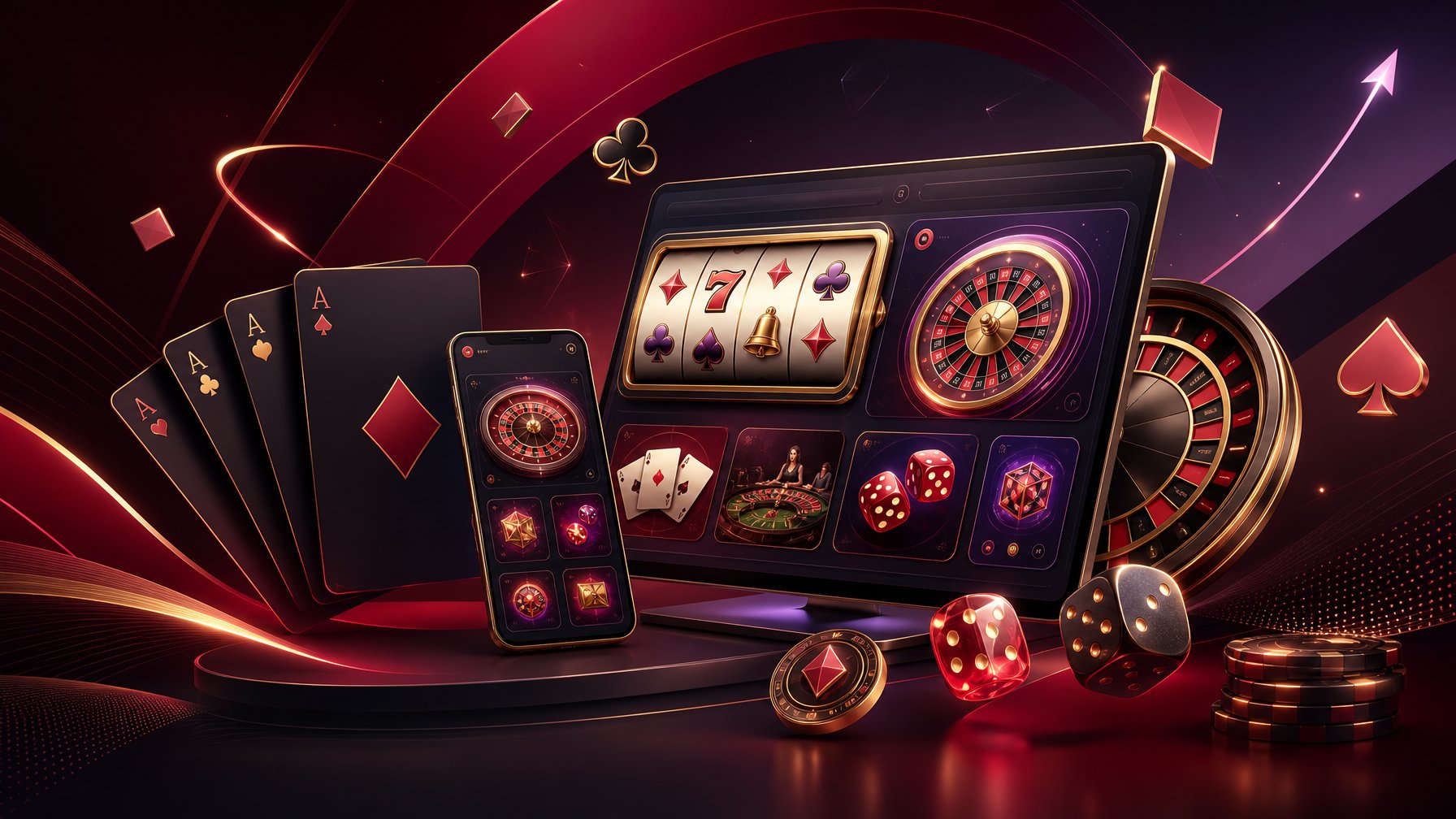 A Sophisticated Digital Casino Scene Featuring Slot Reels, Cards, Roulette Elements, Dice, And Glowing Game Screens.