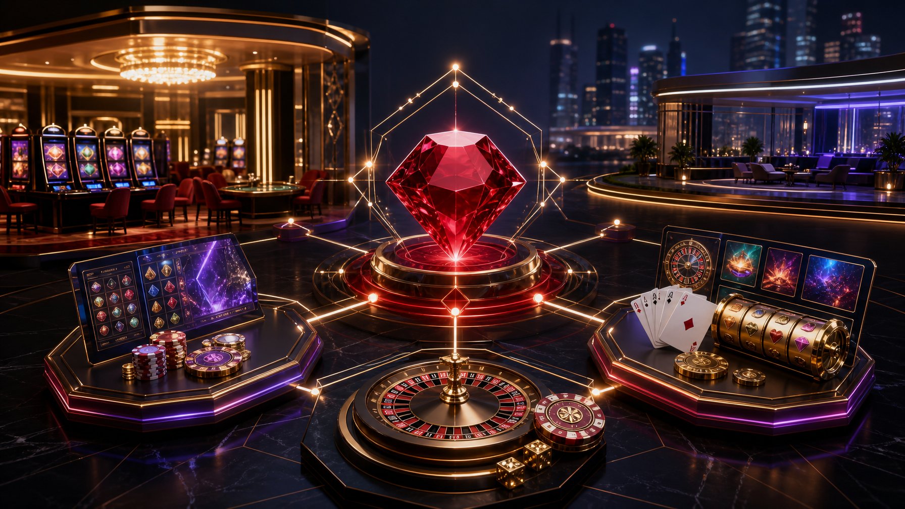 A Modern Casino Technology Hub Connected By Glowing Links To Several Digital Gaming Platforms.