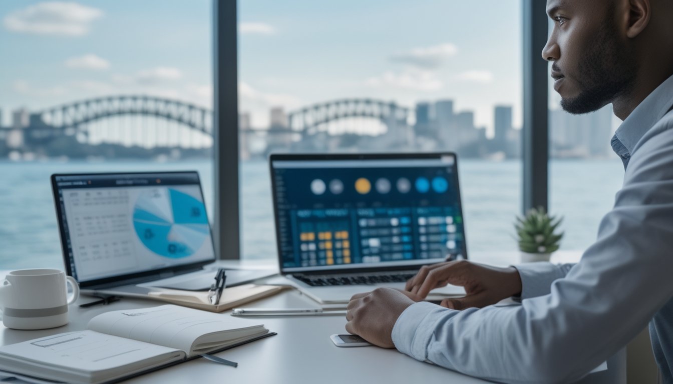 Seseorang mempelajari catatan dan perangkat digital di meja dengan pemandangan Sydney yang tampak samar di latar belakang.