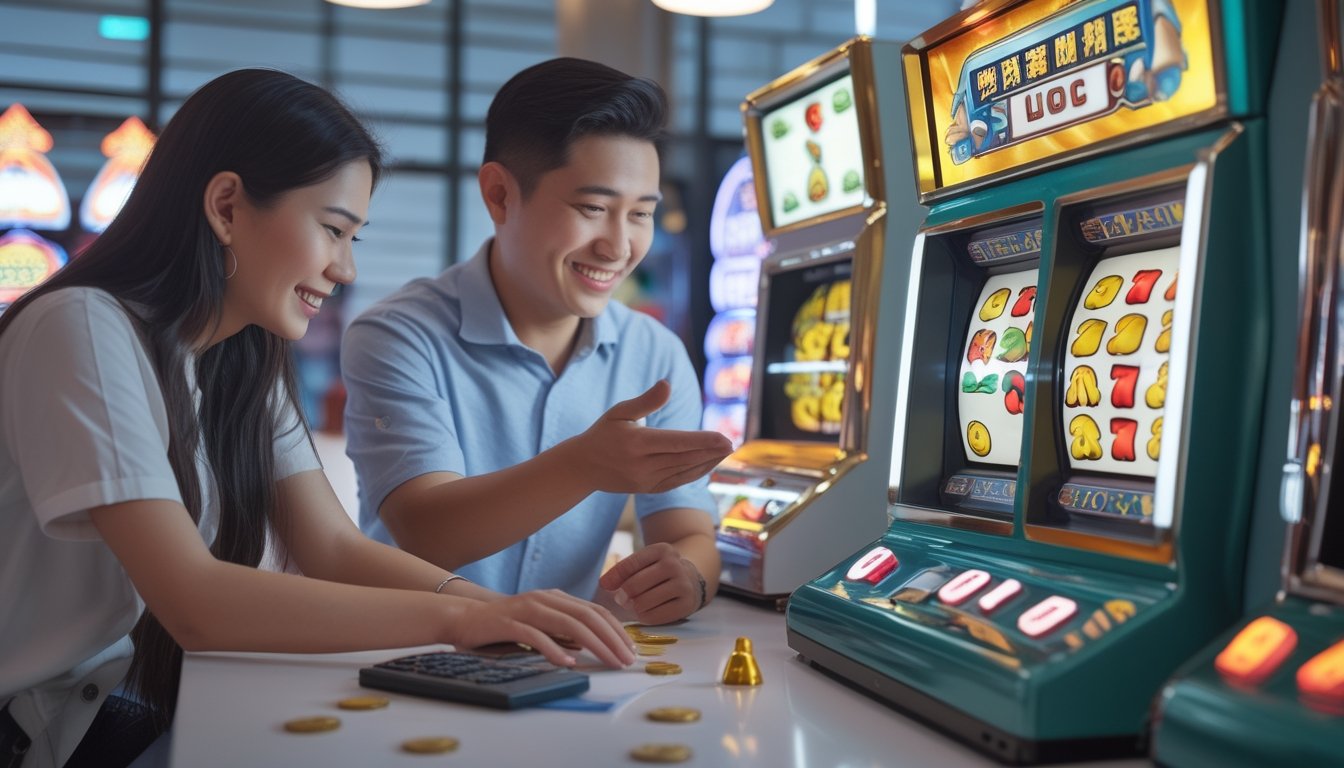 Seorang pemula belajar memainkan mesin slot bergaya retro dengan didampingi mentor di meja yang rapi.
