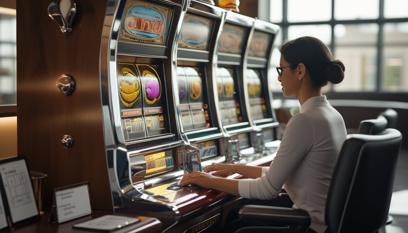 Seorang pemula mempelajari mesin slot bergaya retro di ruang permainan modern.