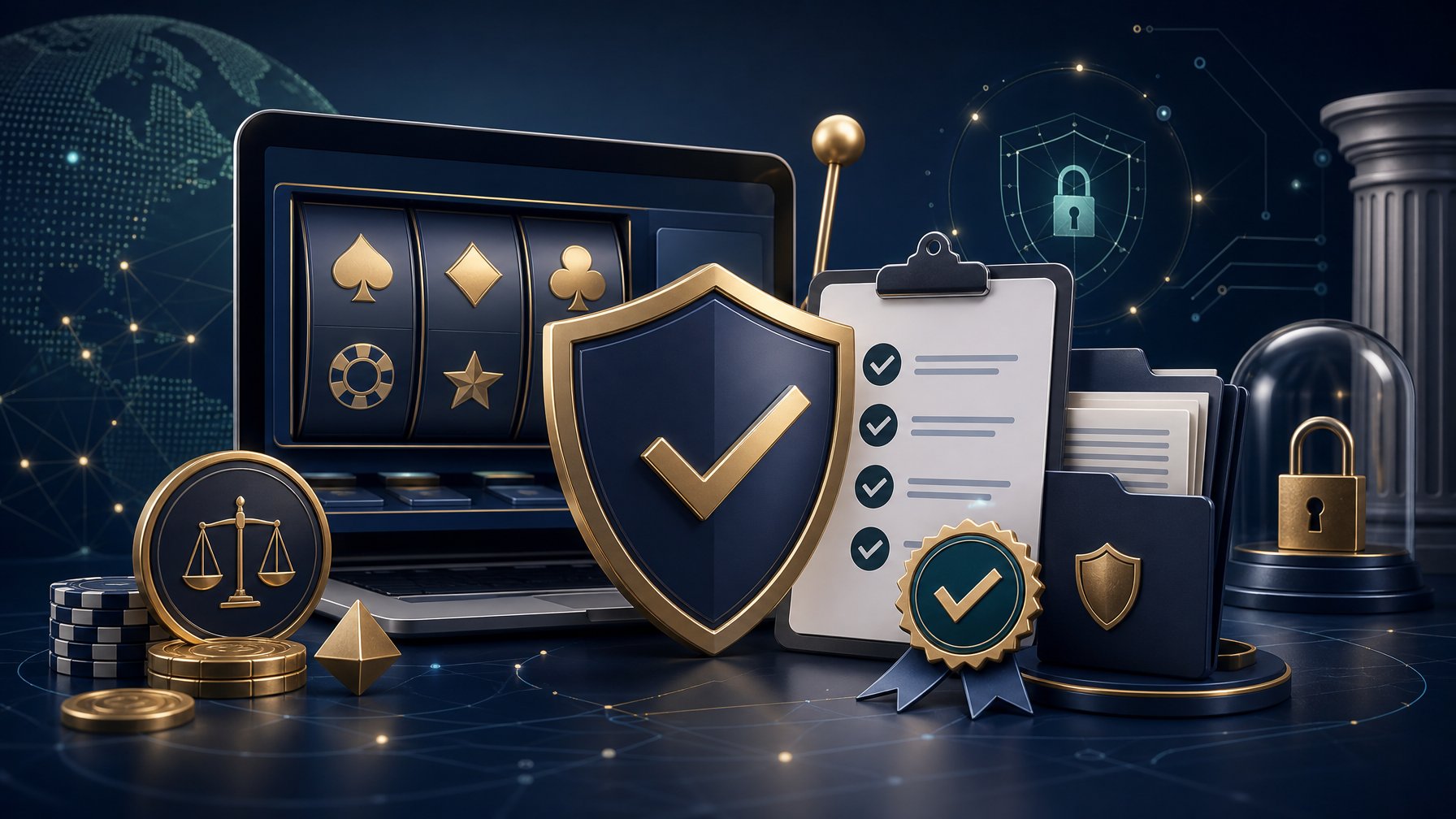A Secure Digital Casino Platform Surrounded By Compliance Documents, A Shield, And Verification Symbols.