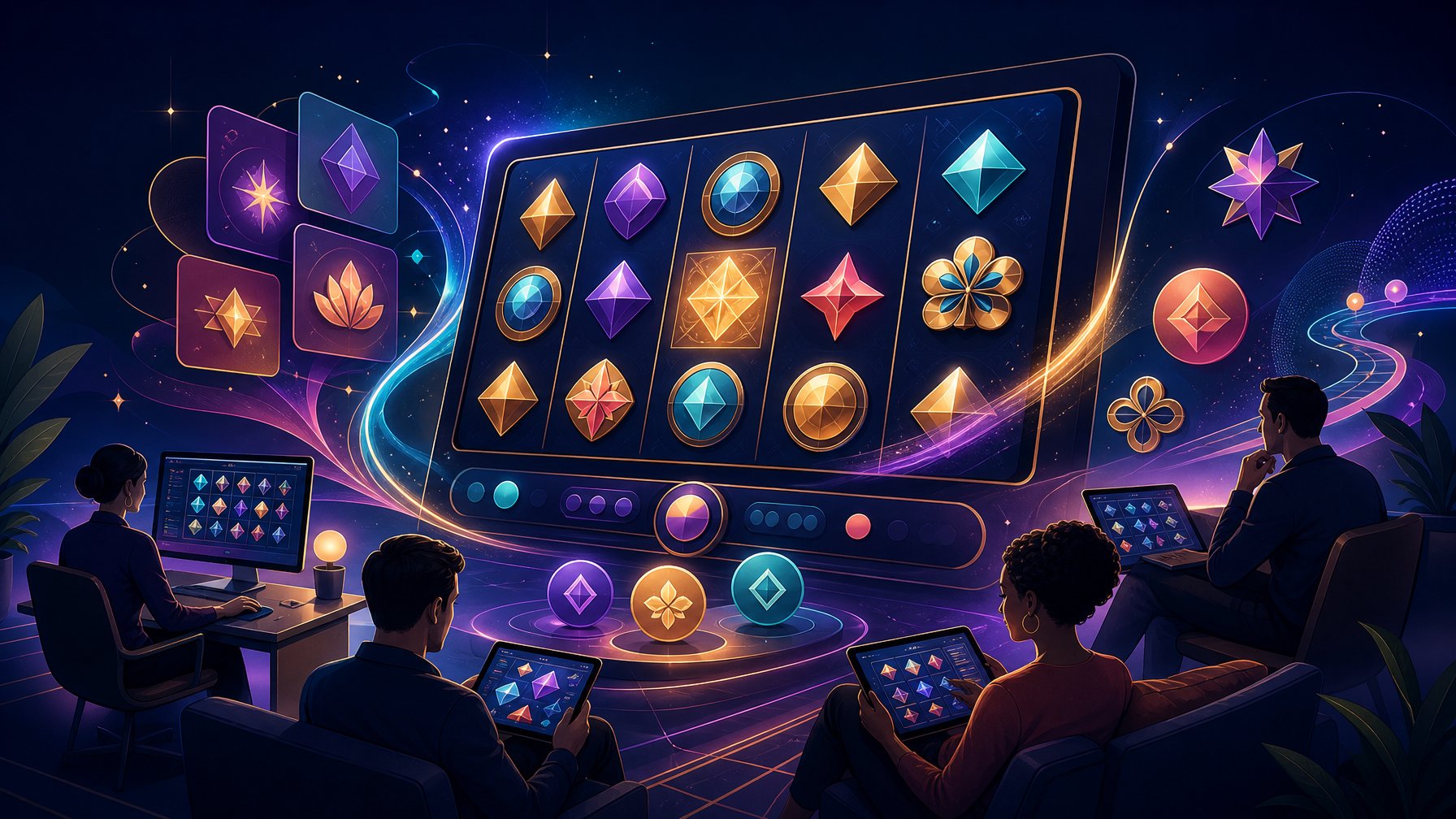 Adults Explore Colorful Casino Games On Digital Devices In A Modern Gaming Environment.