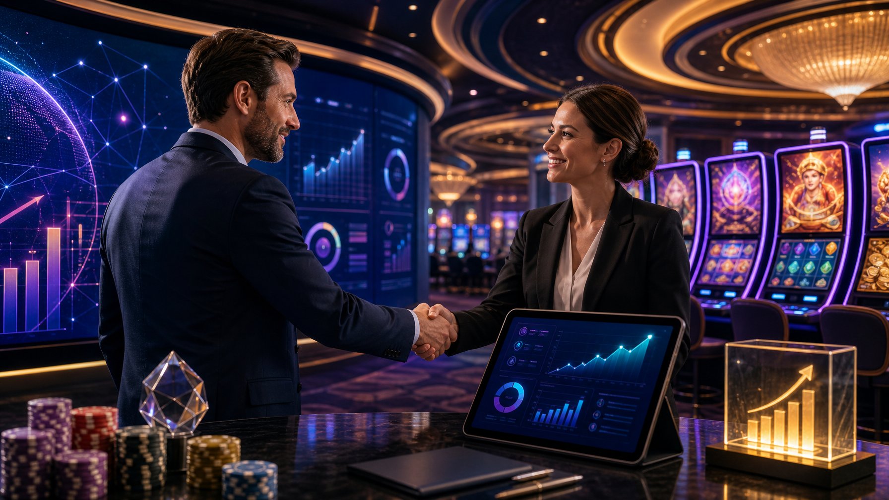 Business Partners Shake Hands Beside Casino Games And A Digital Analytics Display.