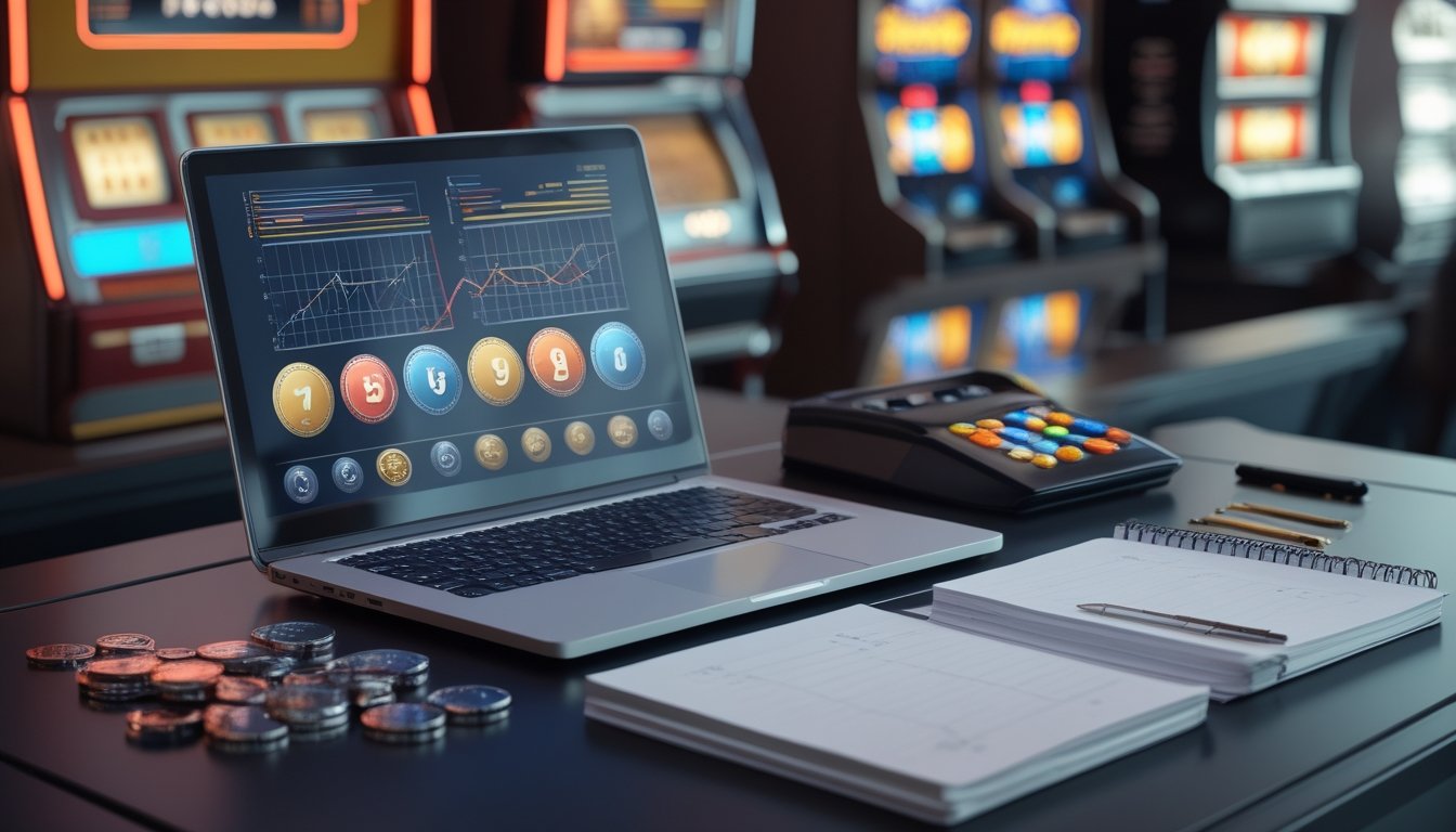Meja kerja dengan laptop berisi grafik abstrak, tablet bergambar simbol permainan retro, kalkulator, dan mesin slot bergaya klasik.