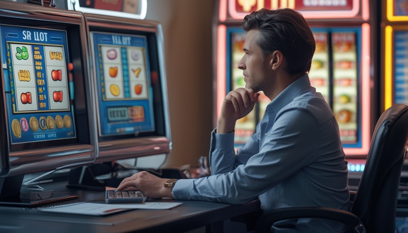 Seseorang menganalisis permainan mesin slot retro dengan kalkulator, catatan anggaran, dan koin terbatas.