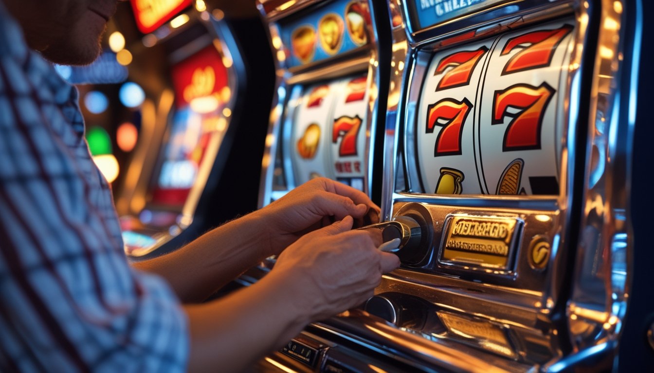 Seseorang memainkan mesin slot klasik tiga gulungan dengan simbol buah dan lonceng di meja kasino.