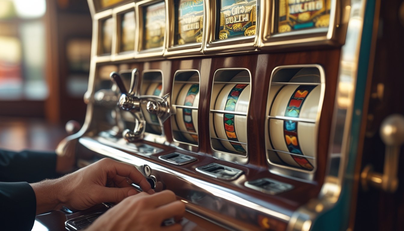 Mesin slot klasik dengan roda buah dan mekanisme roda gigi yang terlihat, sedang dipelajari oleh sepasang tangan di atas meja kayu.