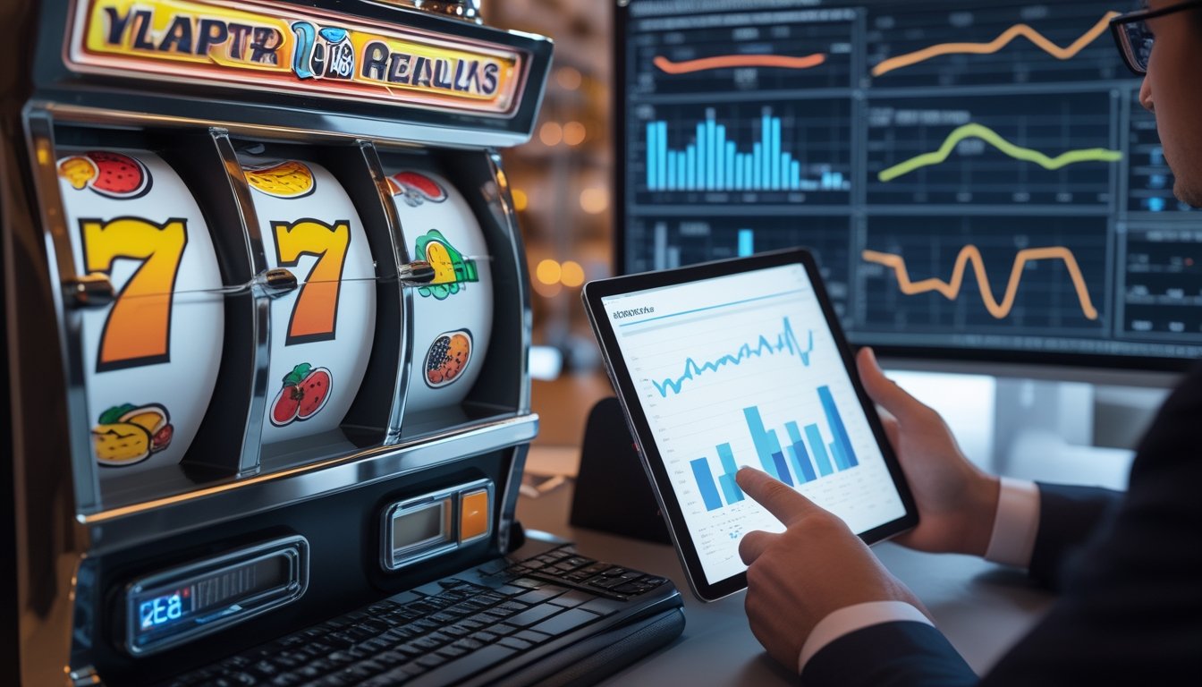 Mesin slot bergaya retro berada di samping layar berisi grafik analisis abstrak di meja kerja.