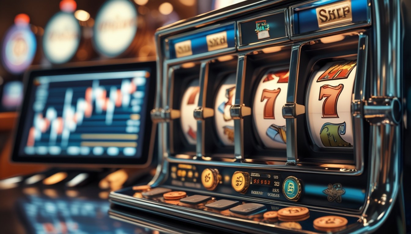 Mesin slot bergaya retro berada di ruang analisis dengan grafik data abstrak pada layar.