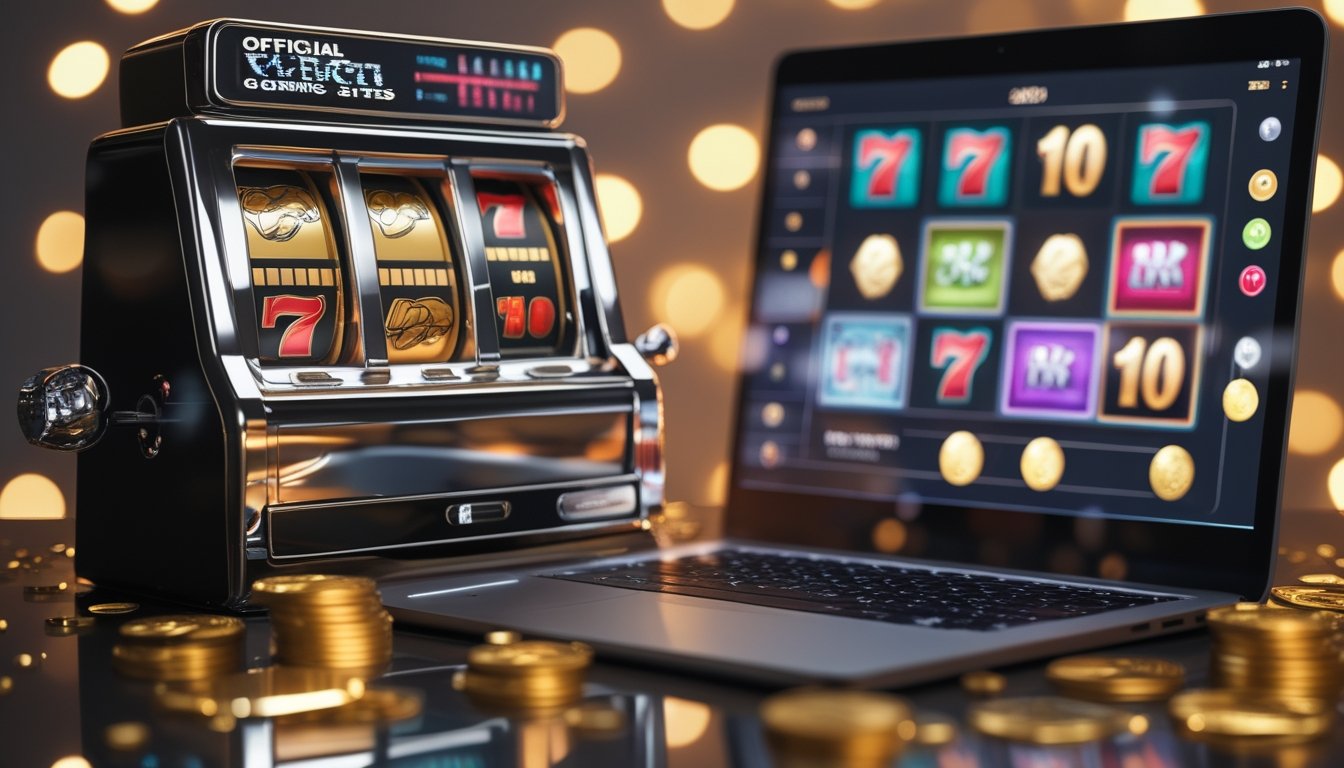 Mesin slot bergaya retro berada di samping laptop dengan tampilan permainan abstrak dan pencahayaan neon.