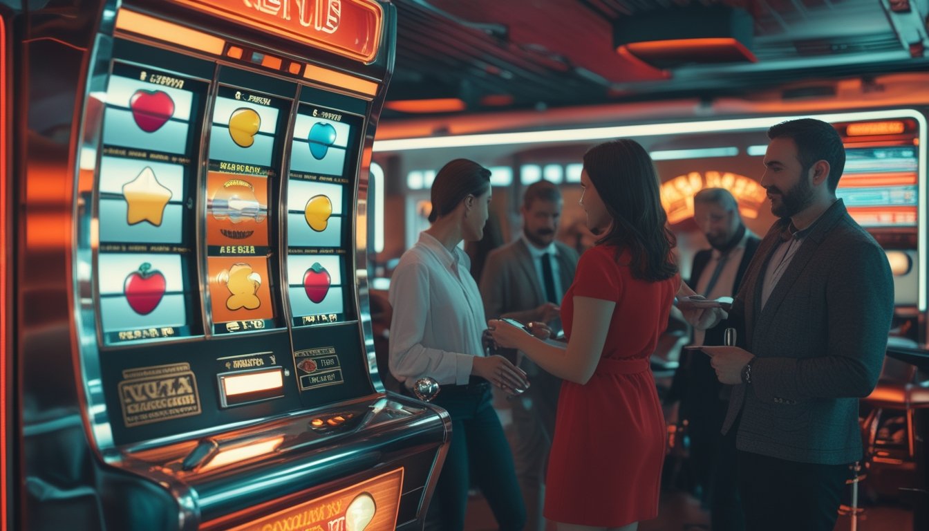 Orang dewasa membandingkan permainan mesin slot bergaya retro di ruang hiburan bercahaya neon.