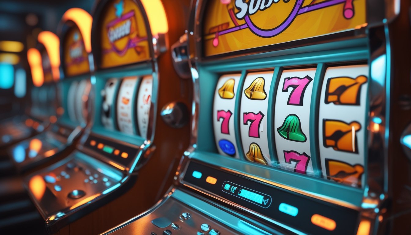 Mesin slot bergaya retro dengan gulungan simbol buah dan pencahayaan neon di suasana arkade.