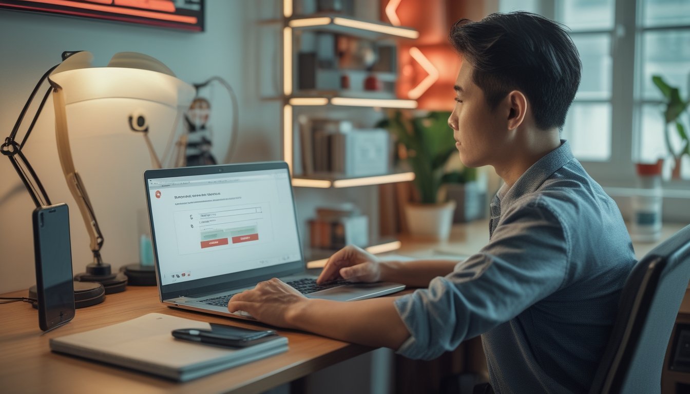 Seseorang menyiapkan pendaftaran akun daring di meja kerja dengan laptop, ponsel, buku catatan, dan pena.