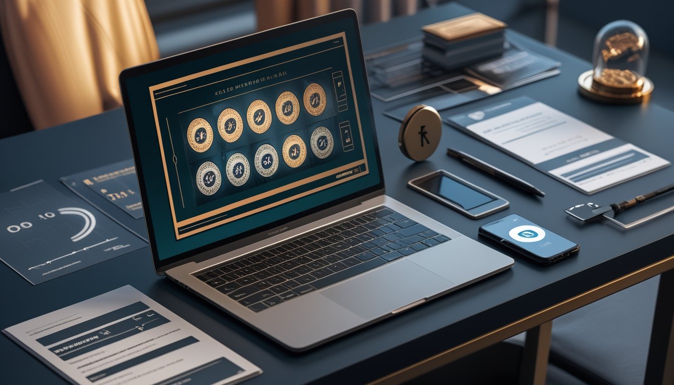 Meja kerja modern dengan laptop berisi antarmuka permainan retro abstrak, kaca pembesar, simbol keamanan, dan dokumen pemeriksaan.